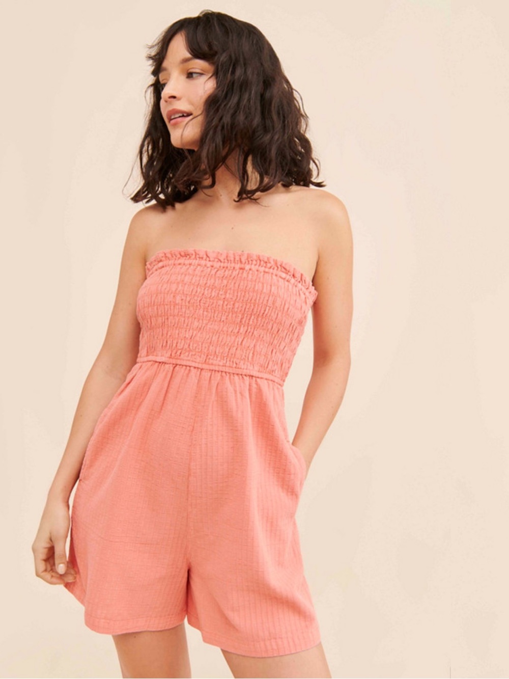Strapless Smocked One-Piece Romper in Coral Pink Pilcro Anthropologie